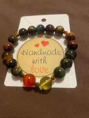 H18 - Handmade Nat. Stones Bracelet - 3 Colour Tiger’s Eye, Citrine & Red Quartz